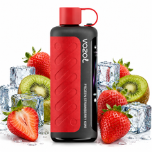 A red and black Vozol disposable vape device with a red cap, surrounded by fresh strawberries, kiwi slices, and ice cubes on a white background.