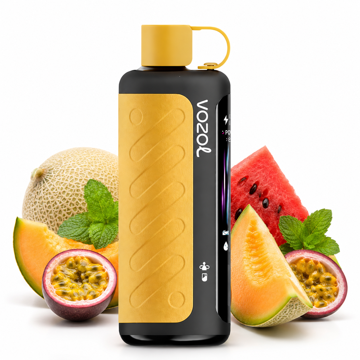 A Vozol disposable vape device in black and yellow, surrounded by fresh fruit slices and halves including cantaloupe, watermelon, and passion fruit, on a white background.
