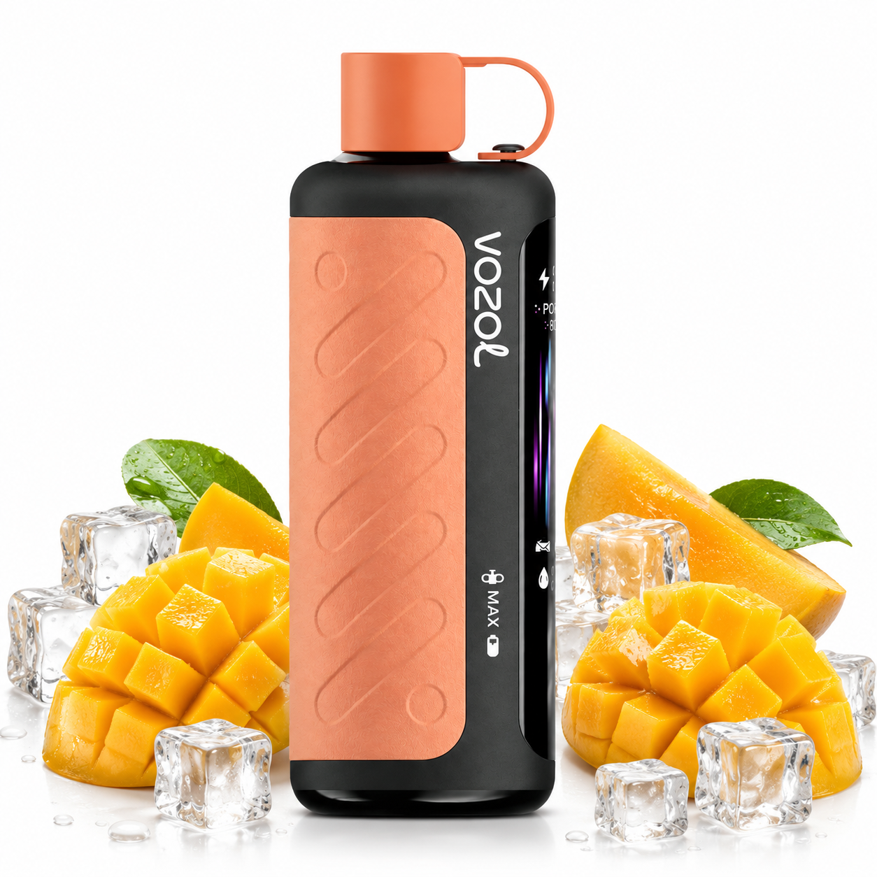 A Vozol vape device in black and peach-orange, surrounded by fresh mango slices, cubes, and ice on a white background.