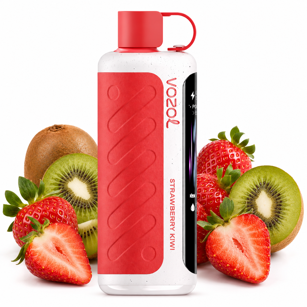 A Vozol Strawberry Kiwi flavor disposable vape device with a red and white body, surrounded by fresh strawberries and kiwi slices on a white background.