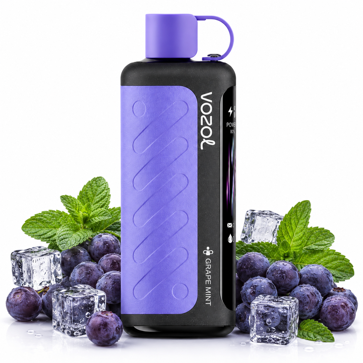 A Vozol Grape Mint disposable vape device with a purple and black body, styled with fresh grape clusters, mint leaves, and ice cubes on a white background.