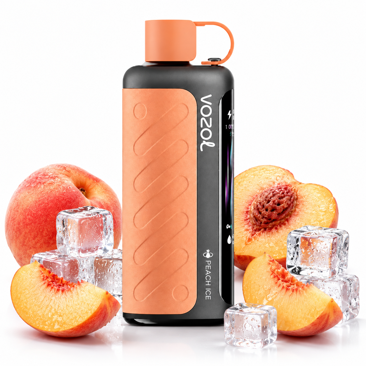 A Vozol Peach Ice disposable vape device with an orange and black body, surrounded by fresh peach slices, whole peaches, and clear ice cubes on a white background.