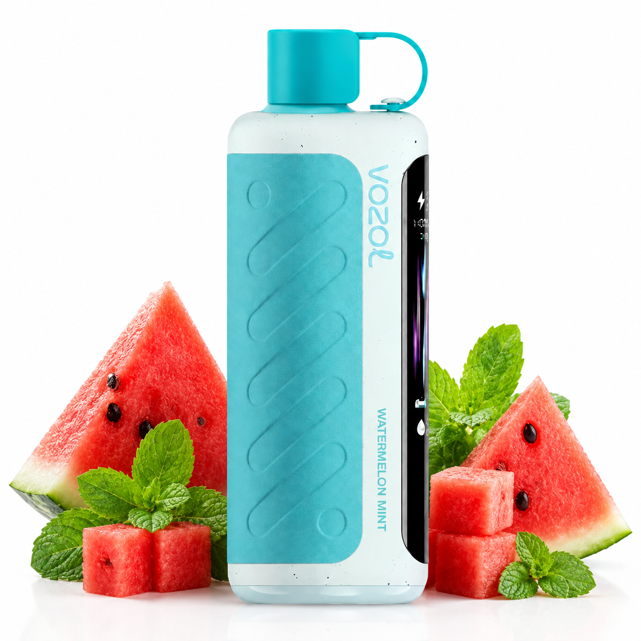 A Vozol Watermelon Mint disposable vape device with a translucent white body, a bright turquoise blue grip and cap, and a black side panel, styled with fresh watermelon slices and mint leaves on a white background.