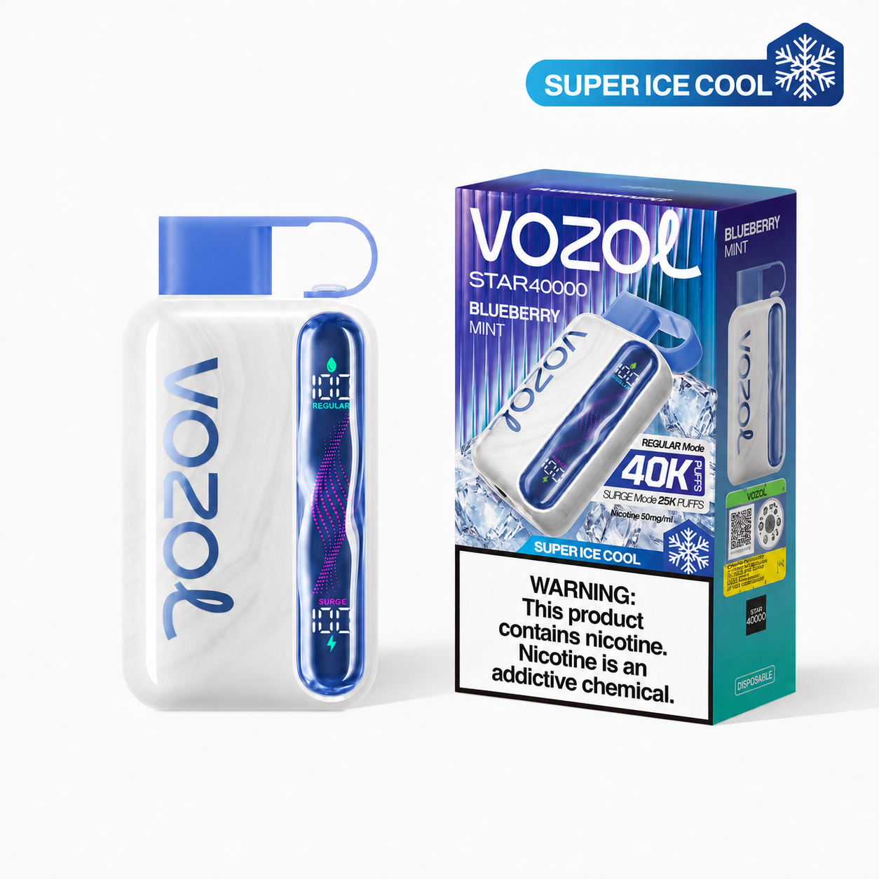 VOZOL STAR 40K disposable vape in blue and white, featuring blueberry mint flavor and ice cool effect.