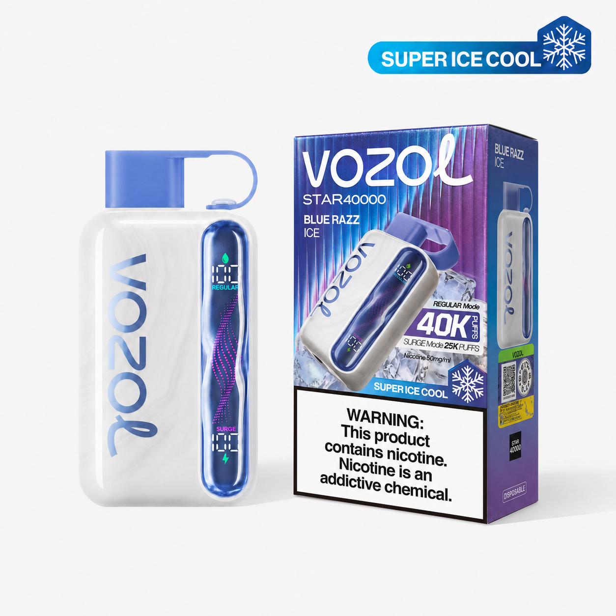 VOZOL STAR 40K Disposable vape in Blue Razz Ice flavor, featuring a sleek design and vibrant blue color.