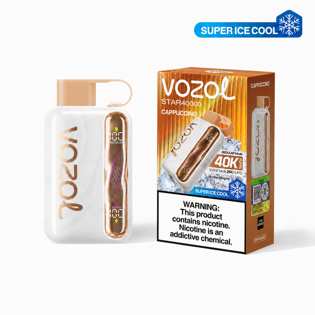 VOZOL STAR 40K Super Ice Cool Cappuccino disposable vape device with sleek design and branding.