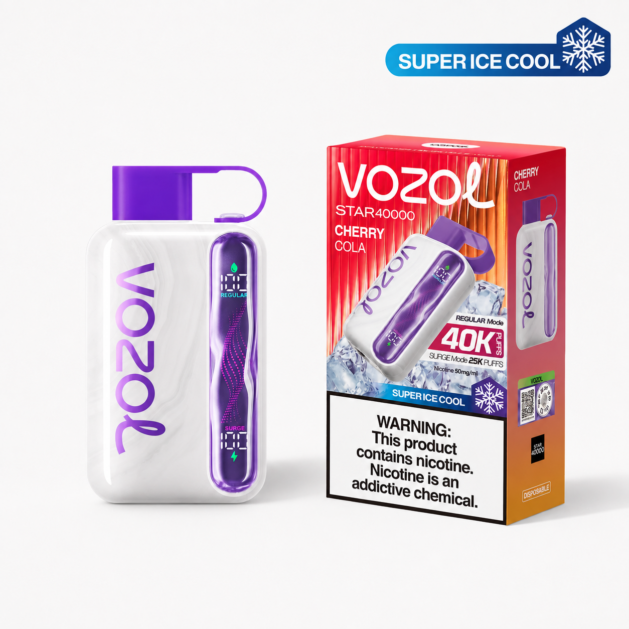 Disposable VOZOL STAR 40K Super Ice Cool Cherry Cola vape with sleek design and cherry cola flavor.