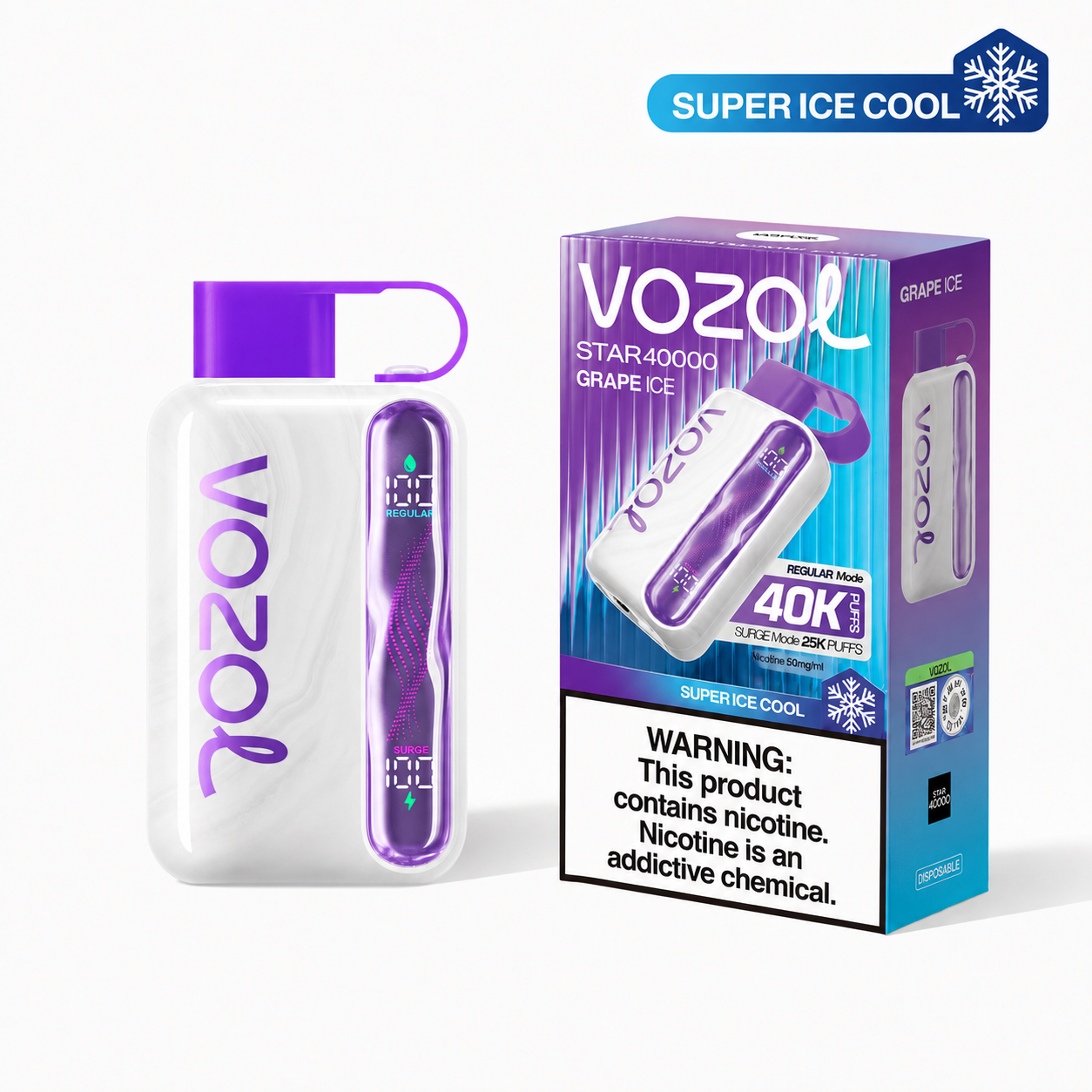Disposable VOZOL STAR 40K Super Ice Cool Grape Ice vape with sleek design and colorful grape-themed packaging.