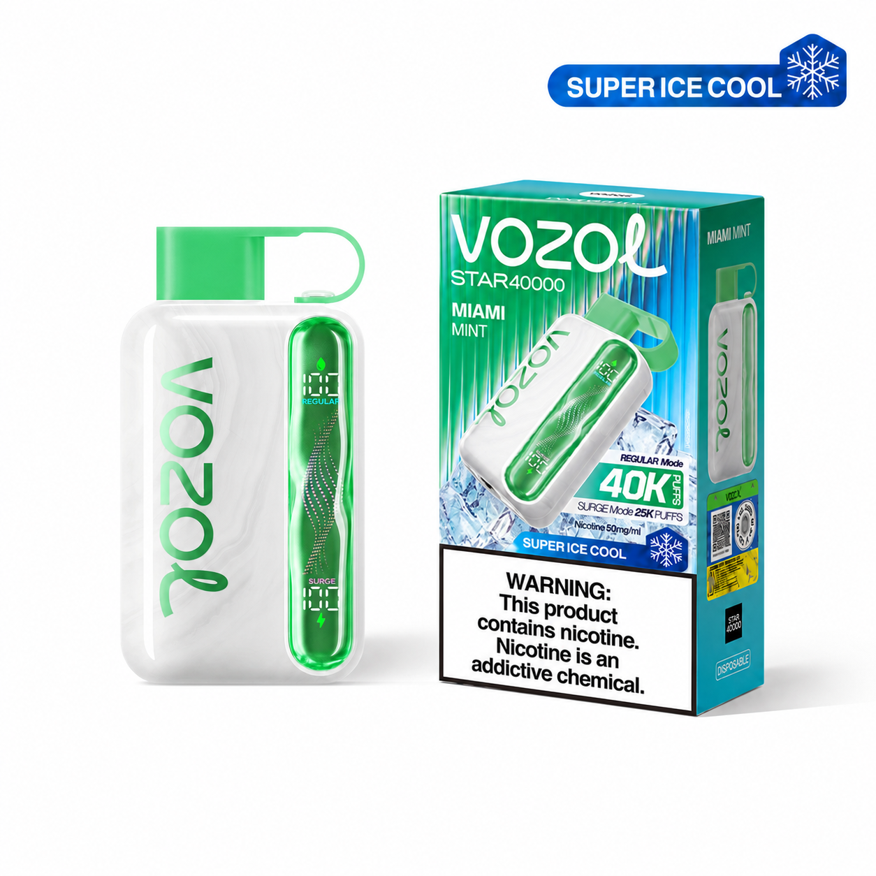 VOZOL STAR 40K Miami Mint disposable vape with ice-cool mint flavor, featuring sleek design and compact size.