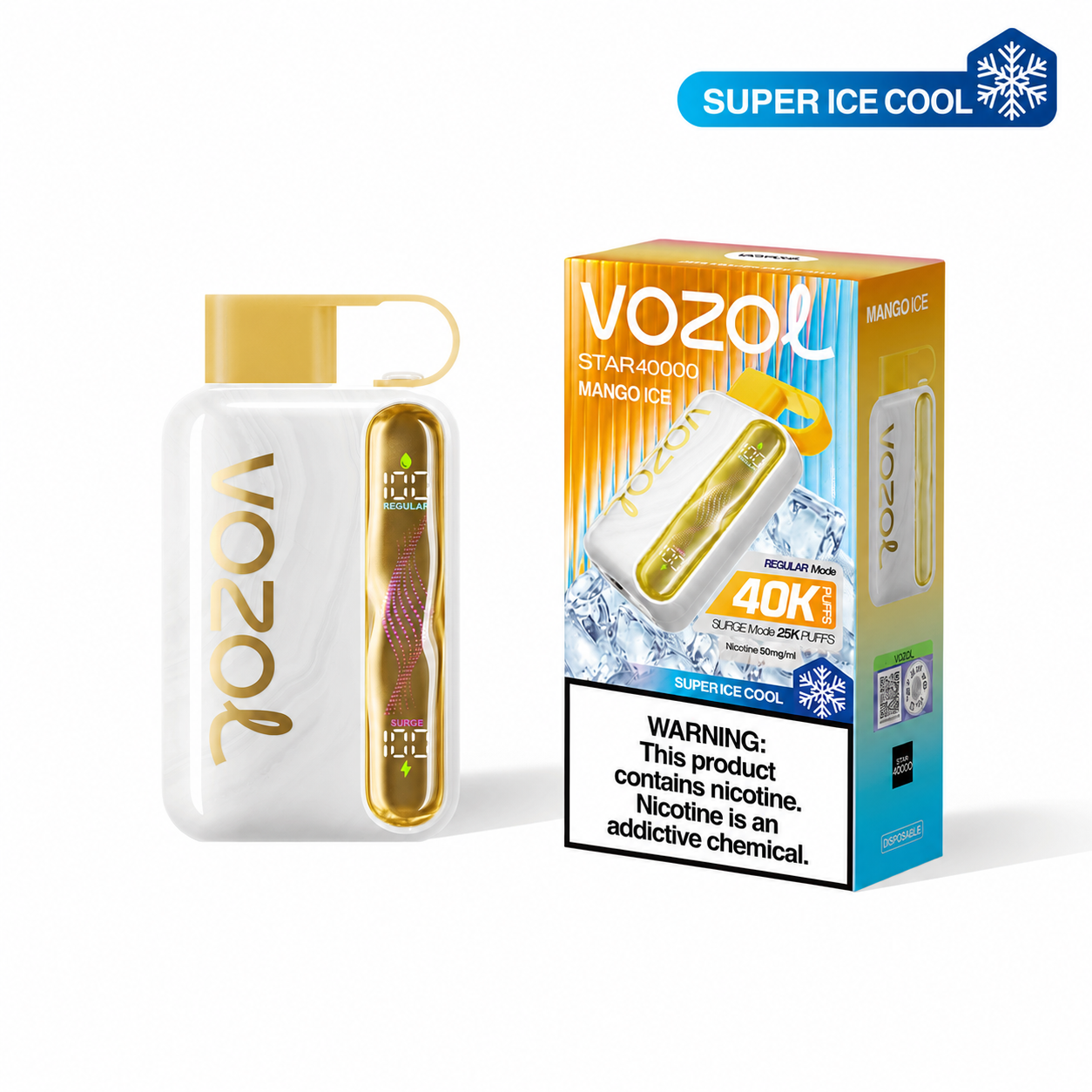 Disposable VOZOL STAR 40K Mango Ice vape device with ice-cool flavor, featuring vibrant packaging and sleek design.