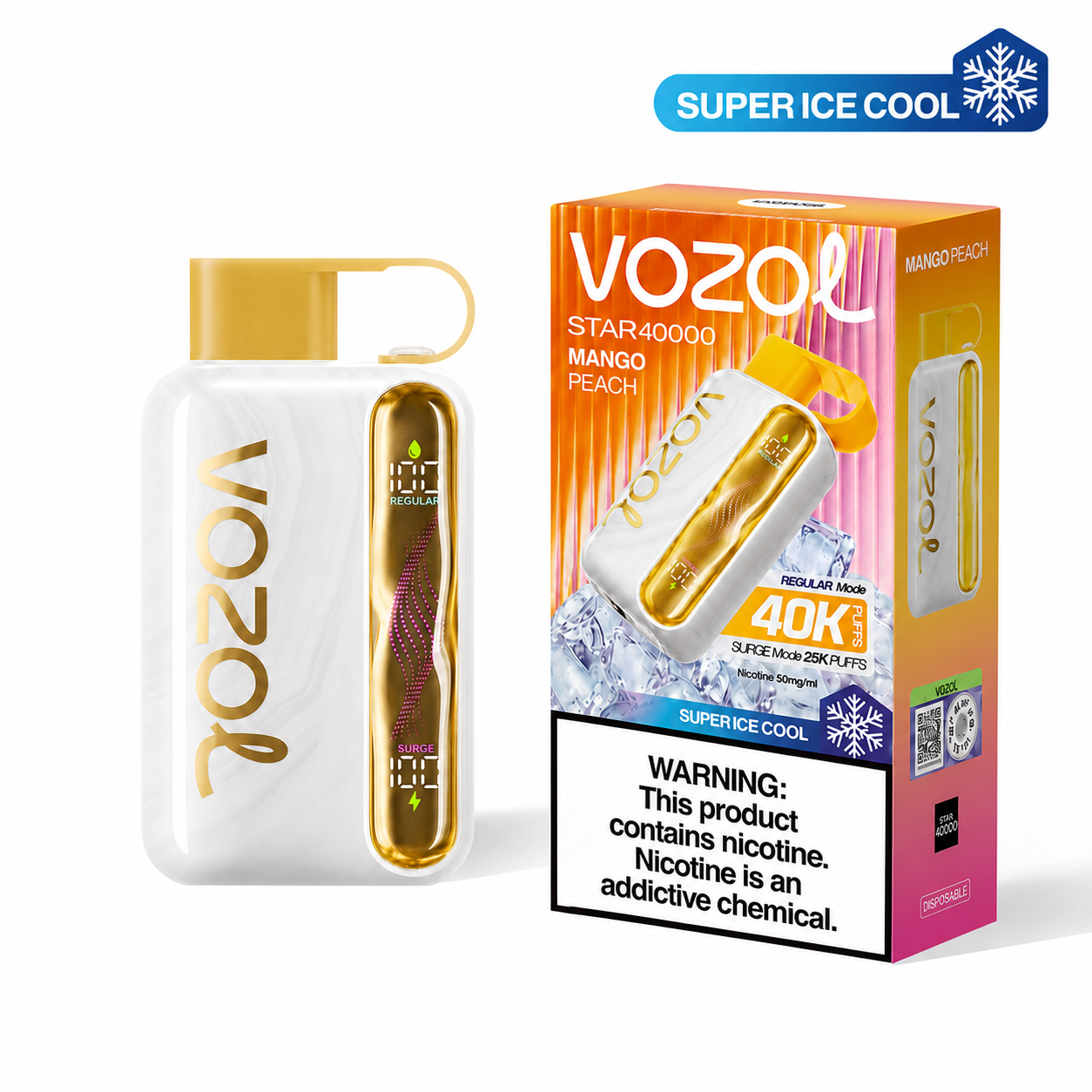 Disposable VOZOL STAR 40K Super Ice Cool Mango Peach vape device with colorful packaging and sleek design.