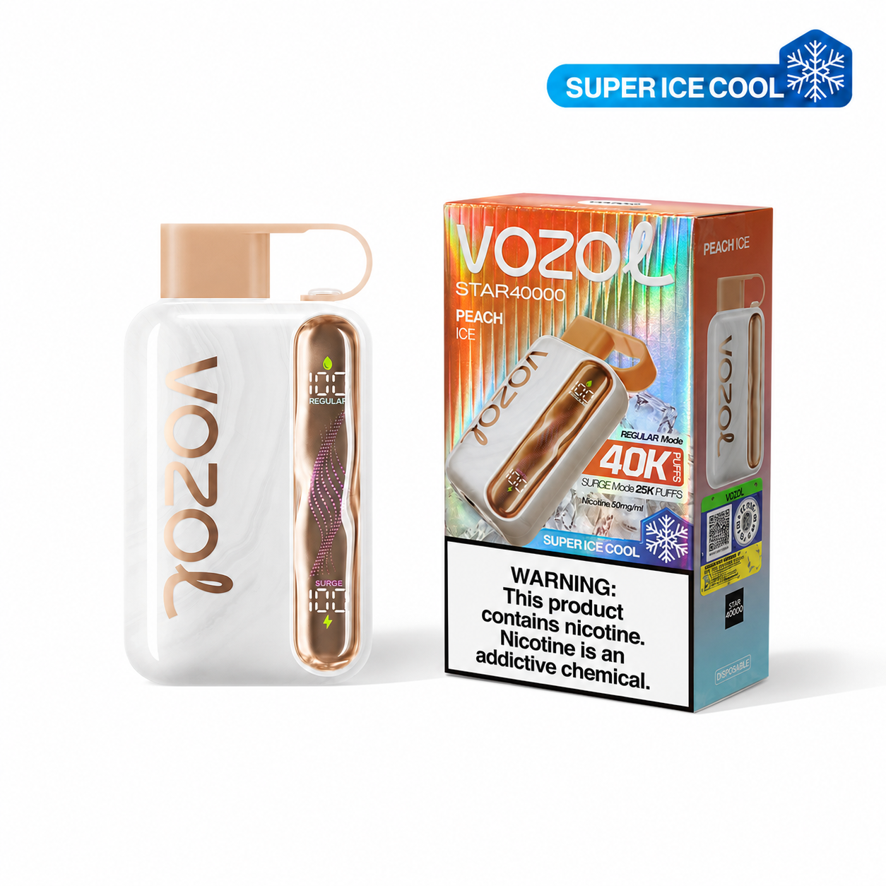 Disposable VOZOL STAR 40K Peach Ice vape device with sleek design and Peach Ice flavor, featuring vibrant branding on the packaging.