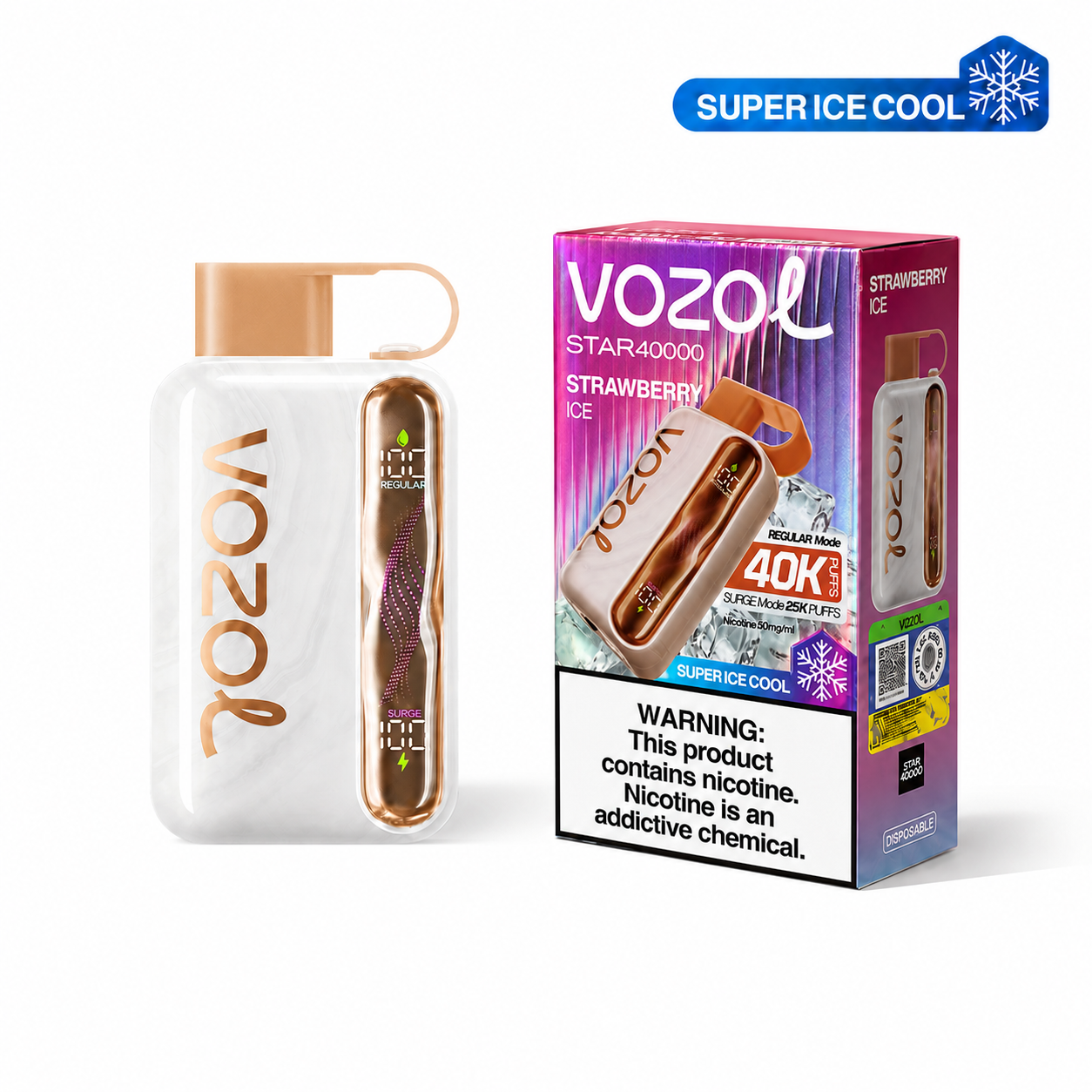 Disposable VOZOL STAR 40K Super Ice Cool Strawberry Ice vape device with colorful packaging and flavor branding.
