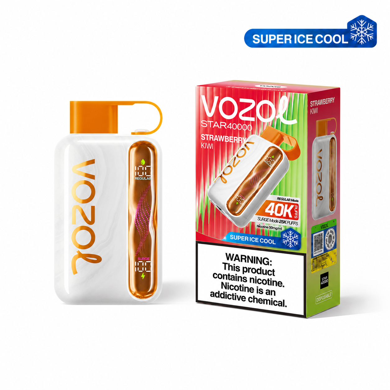 VOZOL STAR 40K disposable vape with Strawberry Kiwi flavor, featuring a sleek design and vibrant fruit imagery.