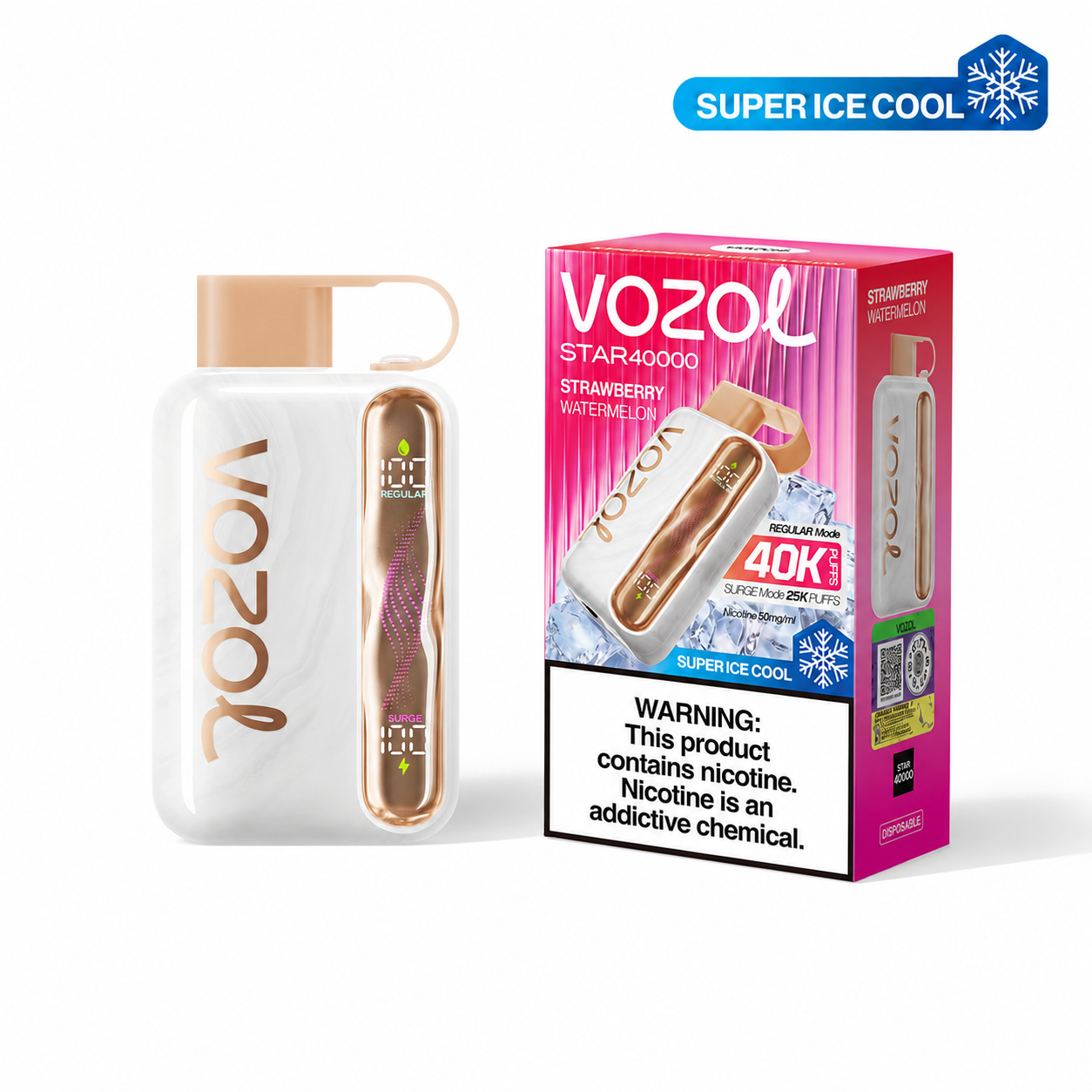 VOZOL STAR 40K Super Ice Cool disposable vape with strawberry watermelon flavor, featuring colorful packaging and sleek design.