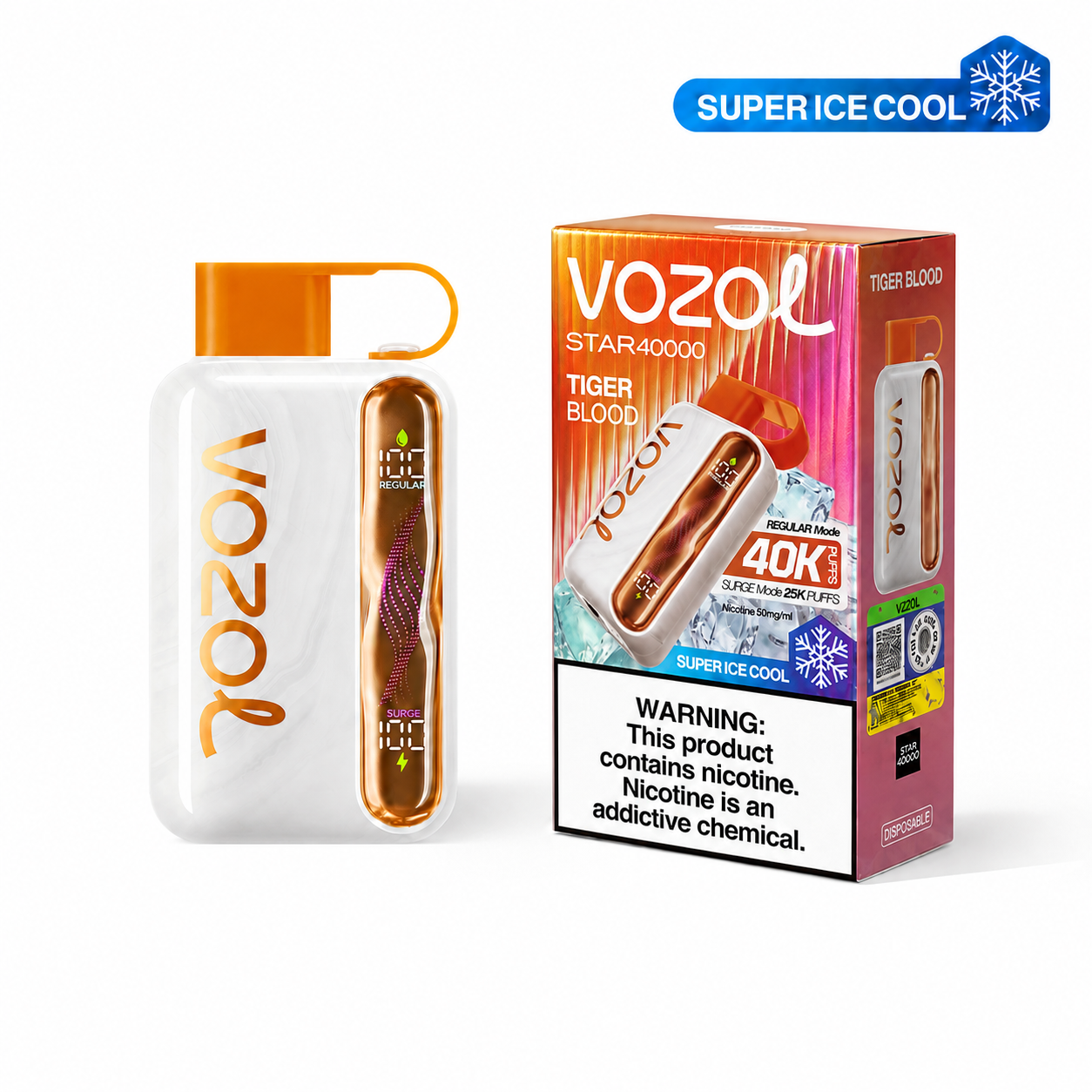 VOZOL STAR 40K Super Ice Cool Tiger Blood disposable vape device with vibrant red and black design, featuring the product branding.
