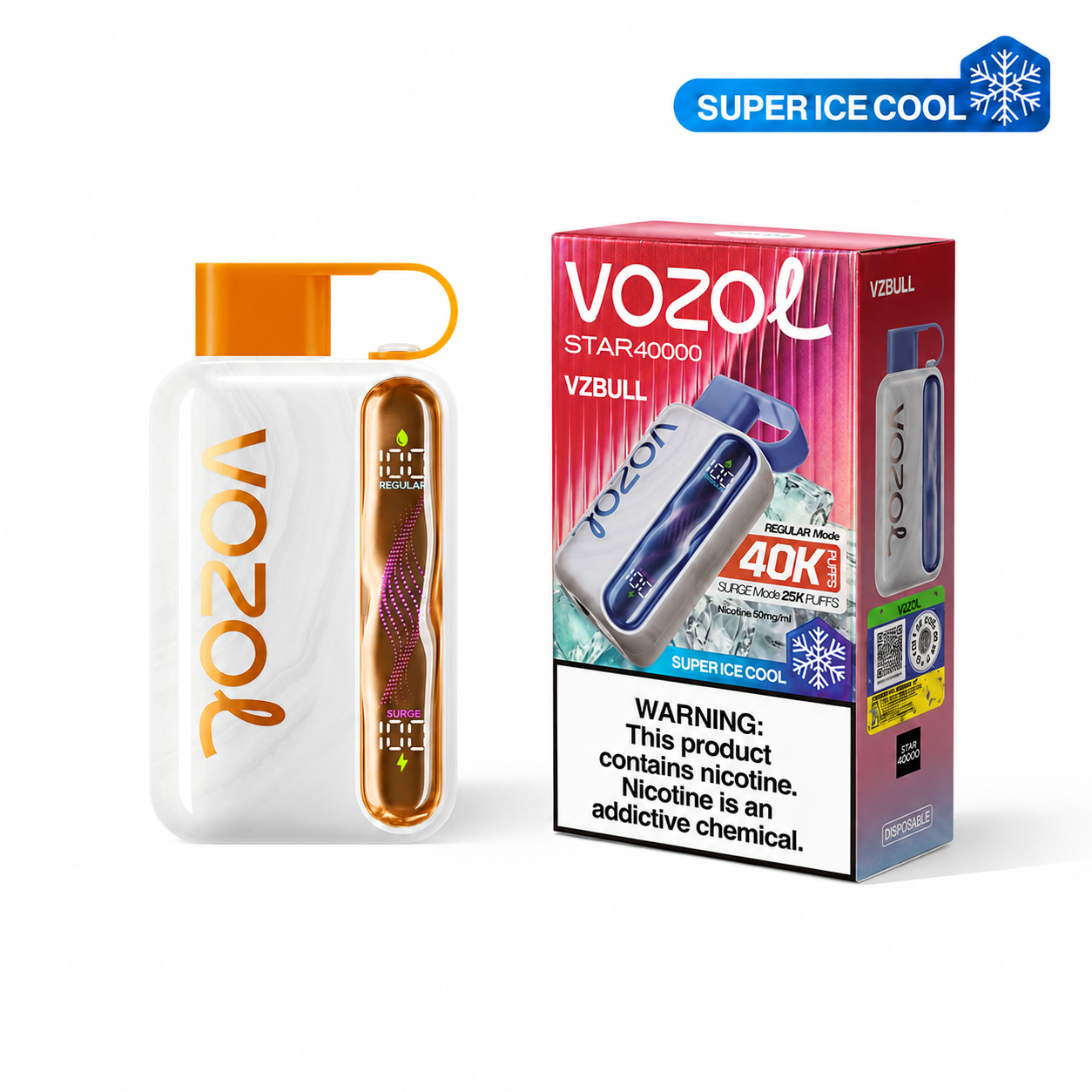 Disposable VOZOL STAR 40K Super Ice Cool vape device in black with sleek design and branding visible.