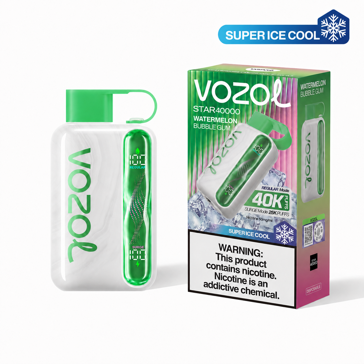 Disposable VOZOL STAR 40K water melon bubble gum vape with super ice cool flavor, featuring vibrant watermelon design.