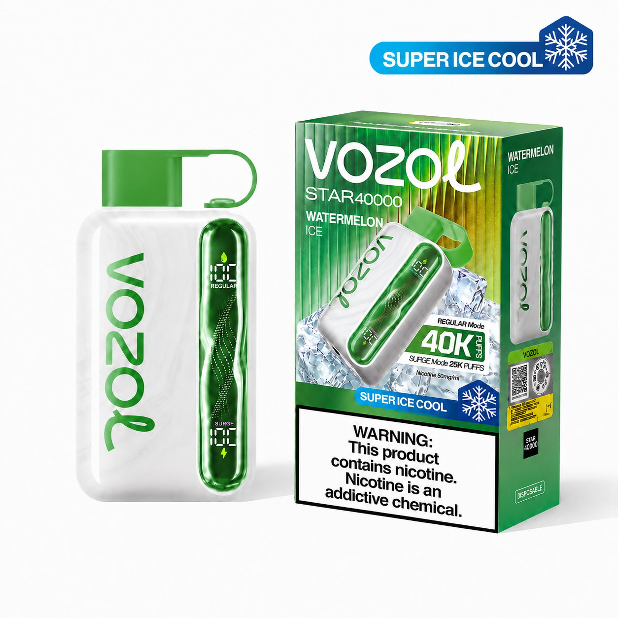 VOZOL STAR 40K Super Ice Cool Watermelon Ice disposable vape device with colorful watermelon design on the packaging