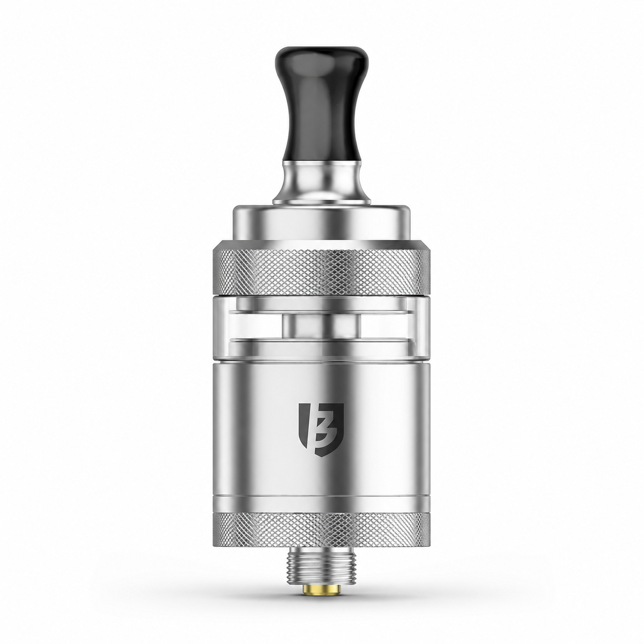 A silver metallic vape tank with a black mouthpiece, clear glass window, and a black shield logo on the front, set against a plain white background.