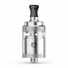 A silver metallic vape tank with a black mouthpiece, clear glass window, and a black shield logo on the front, set against a plain white background.