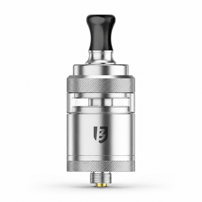 A silver metallic vape tank with a black mouthpiece, clear glass window, and a black shield logo on the front, set against a plain white background.