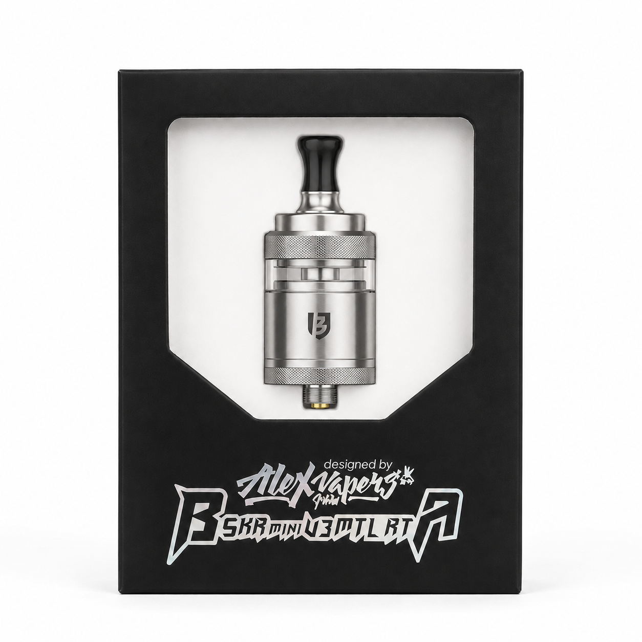 A silver and black Alex Vapers BRR Mini DTL A vape tank displayed inside its black retail packaging box with a clear window.