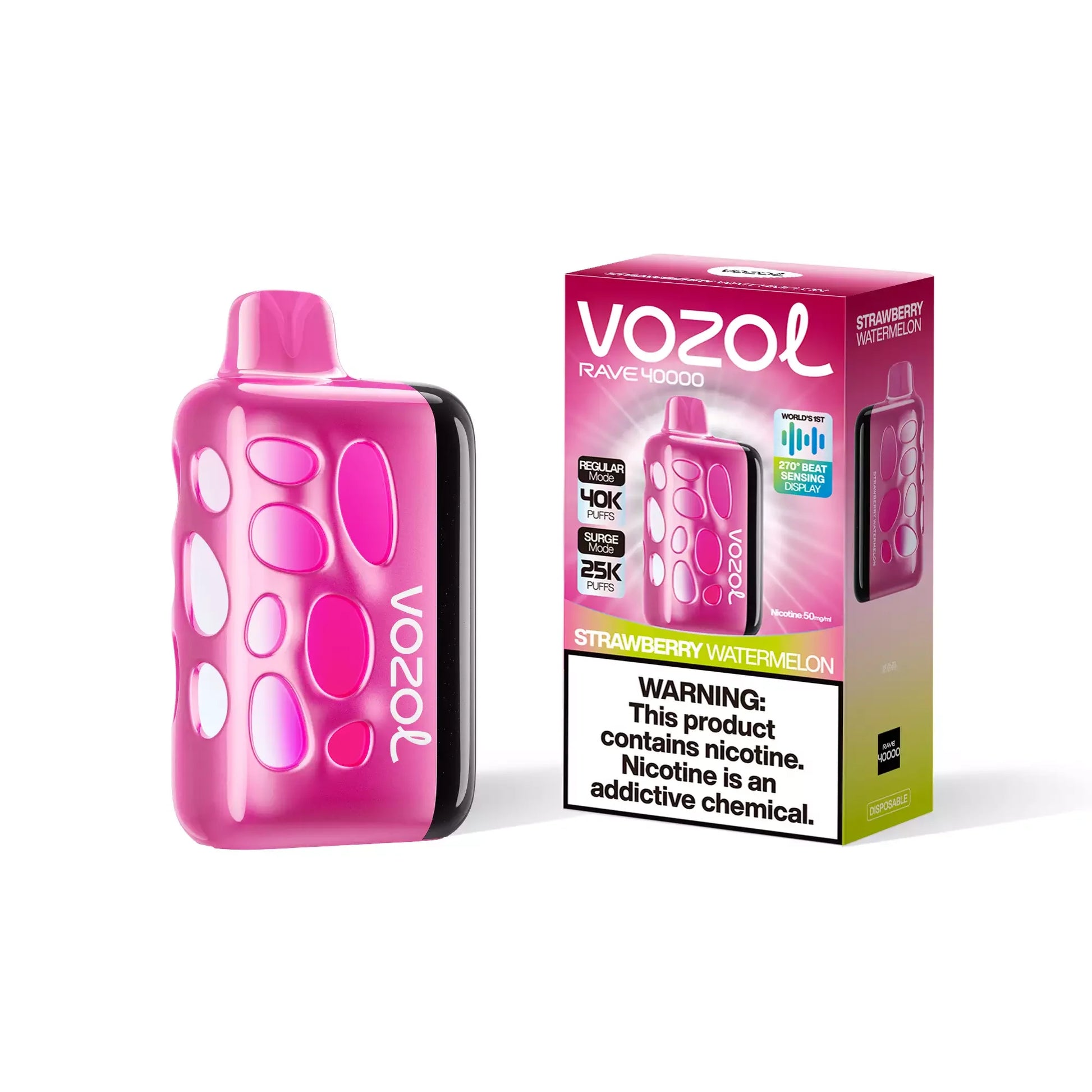 VOZOL RAVE 40K disposable vape with strawberry watermelon flavor, showing the device with colorful branding and flavor label.