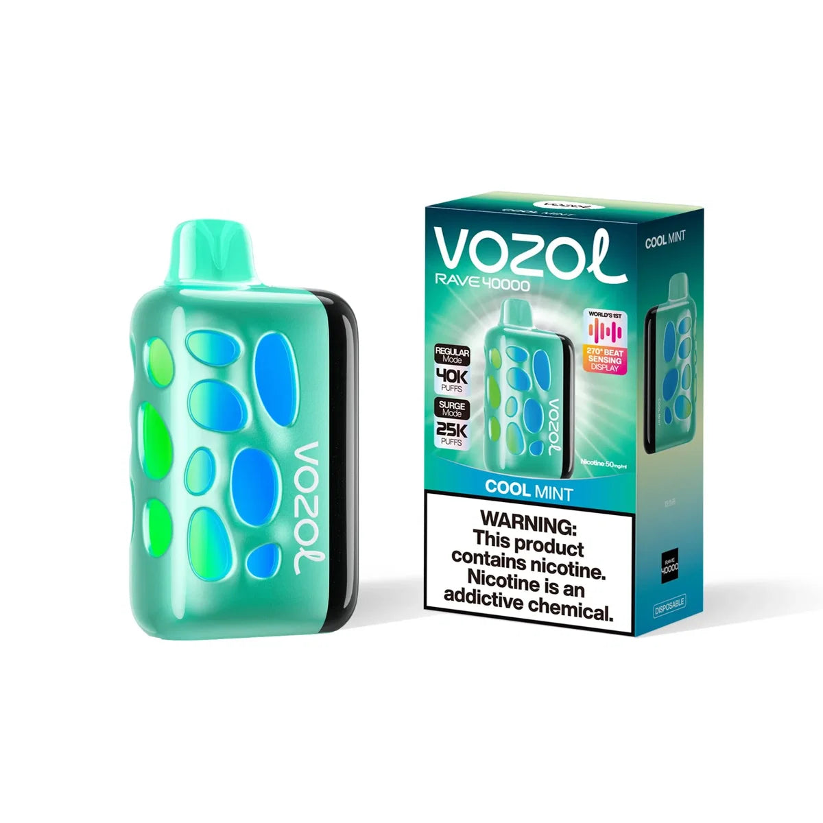 VOZOL RAVE 40K disposable vape in cool mint flavor, showing the sleek device with mint-green accents and branding.
