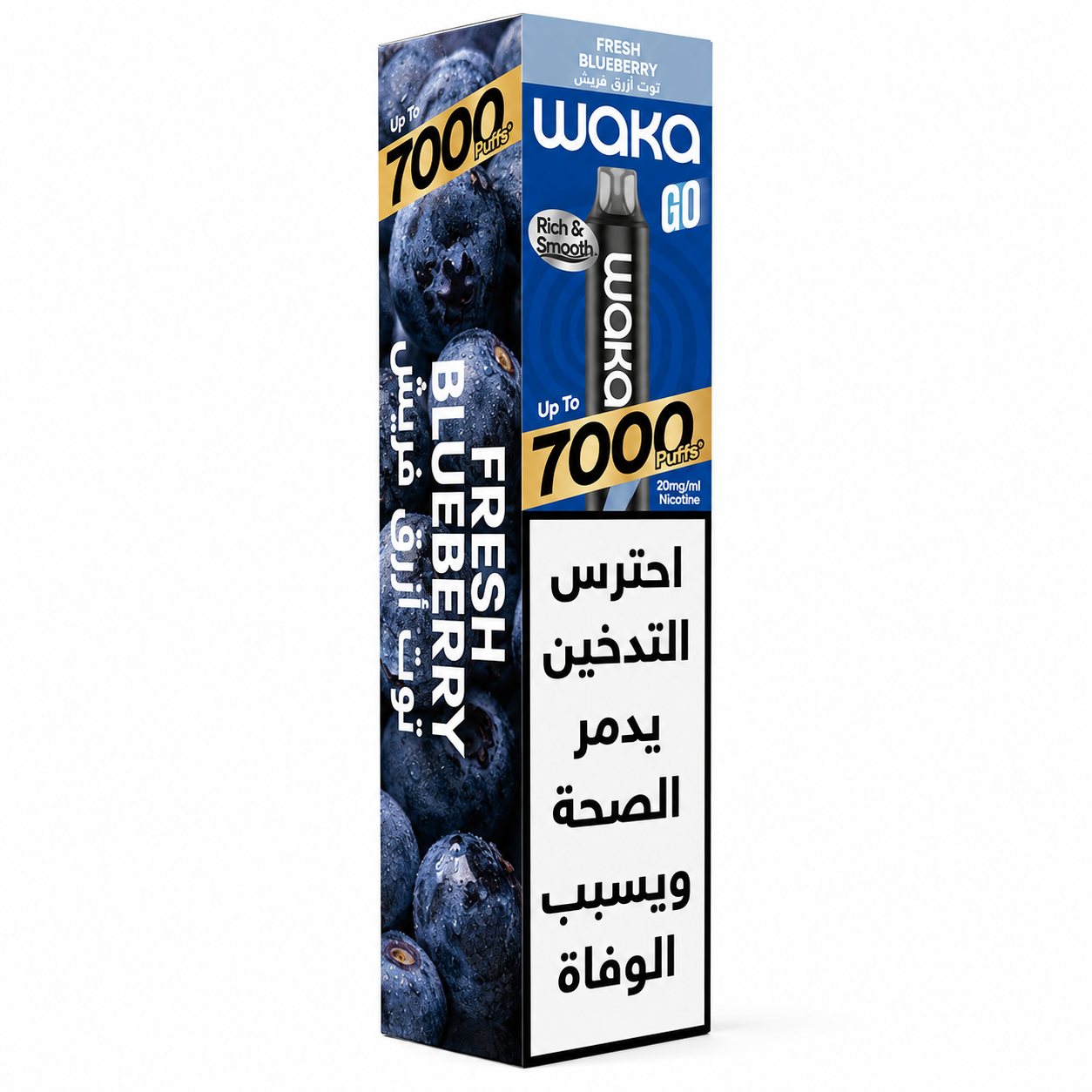 Disposable WAKA GO 7K Series Fresh Blueberry vape with sleek design and vibrant blue packaging.