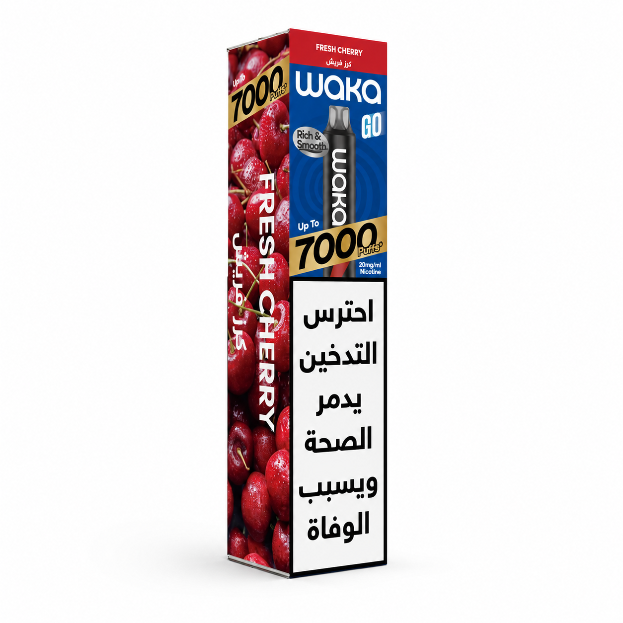 Disposable WAKA GO 7K SERIES vape device with Fresh Cherry flavor, featuring a sleek design and colorful branding.