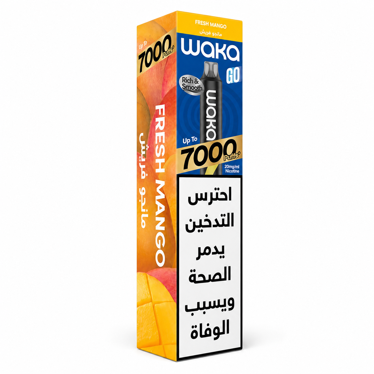 WAKA GO 7K SERIES disposable vape with Fresh Mango flavor, showing the sleek device with mango-themed design.