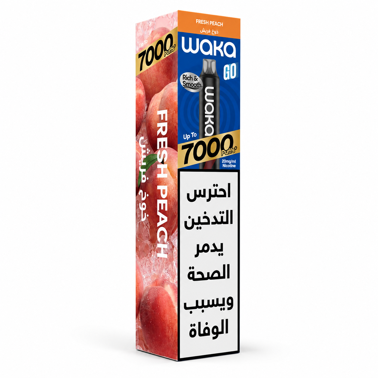 Disposable WAKA GO 7K SERIES vape pen with fresh peach flavor, showing the sleek design and branding on the device.