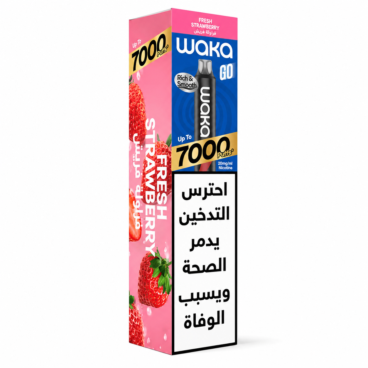 Disposable WAKA GO 7K Series Fresh Strawberry vape with pink and red packaging, featuring the flavor label and sleek design.