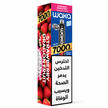 Disposable WAKA GO 7K Series vape with strawberry dragon fruit flavor, featuring colorful packaging and sleek design.