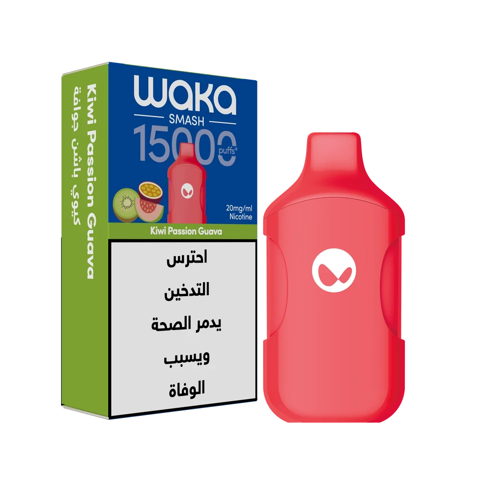 WAKA SMASH 15K SERIES disposable vape with kiwi passion guava flavor, showing the sleek device with colorful packaging.
