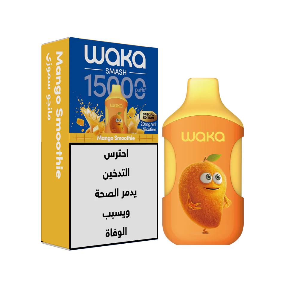 Disposable WAKA SMASH 15K SERIES Mango Smoothie vaporizer puffing device with colorful mango smoothie flavor.