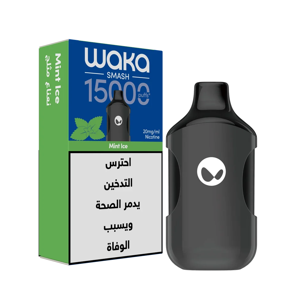 WAKA SMASH 15K SERIES disposable vape in mint ice flavor, showing the sleek device with mint ice branding and colorful design.