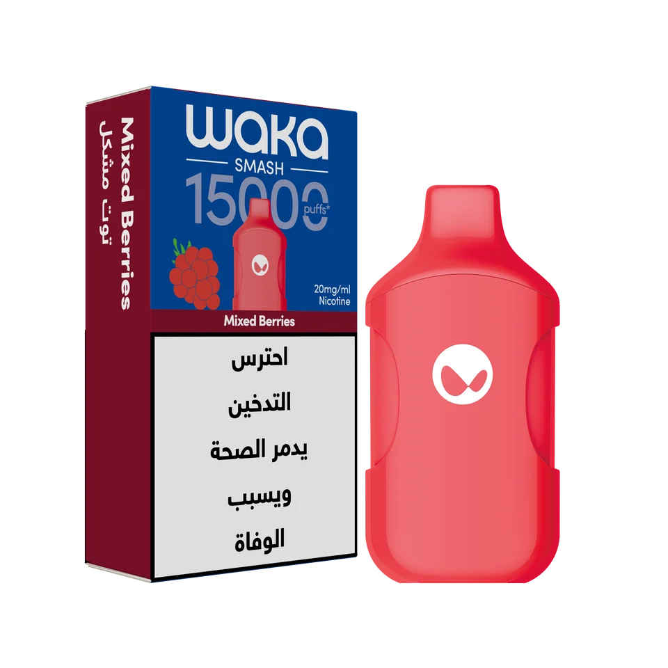 WAKA SMASH 15K SERIES disposable vape with mixed berries flavor, showing the colorful device with berry illustrations.