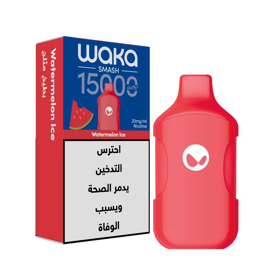 WAKA SMASH 15K SERIES disposable vape with Watermelon Ice flavor, showing the colorful packaging and sleek device design.