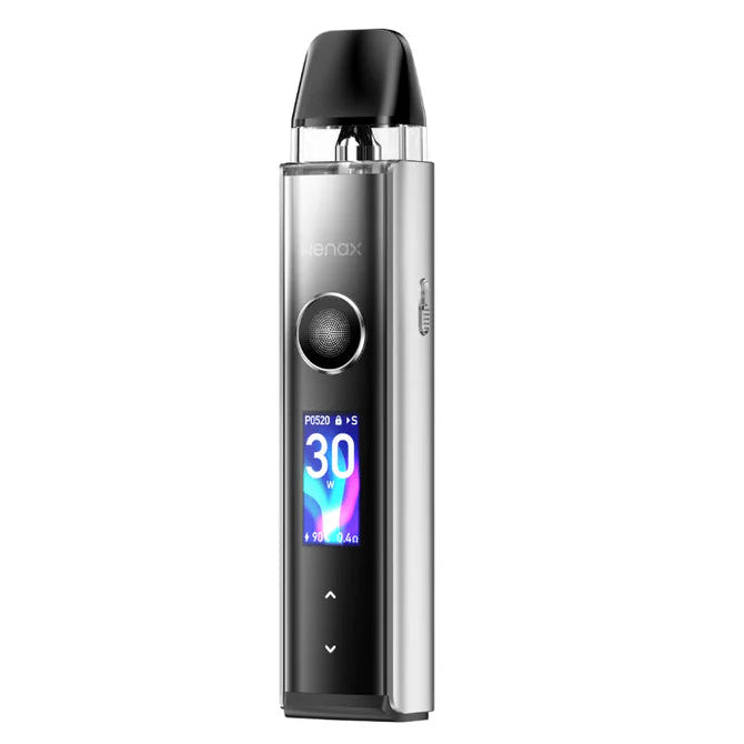 Vaping device with digital display on a white background