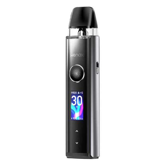 Vaping device with digital display on a white background