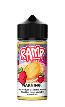 Bottle of Ramp Flavors e-liquid with a warning label on a black background