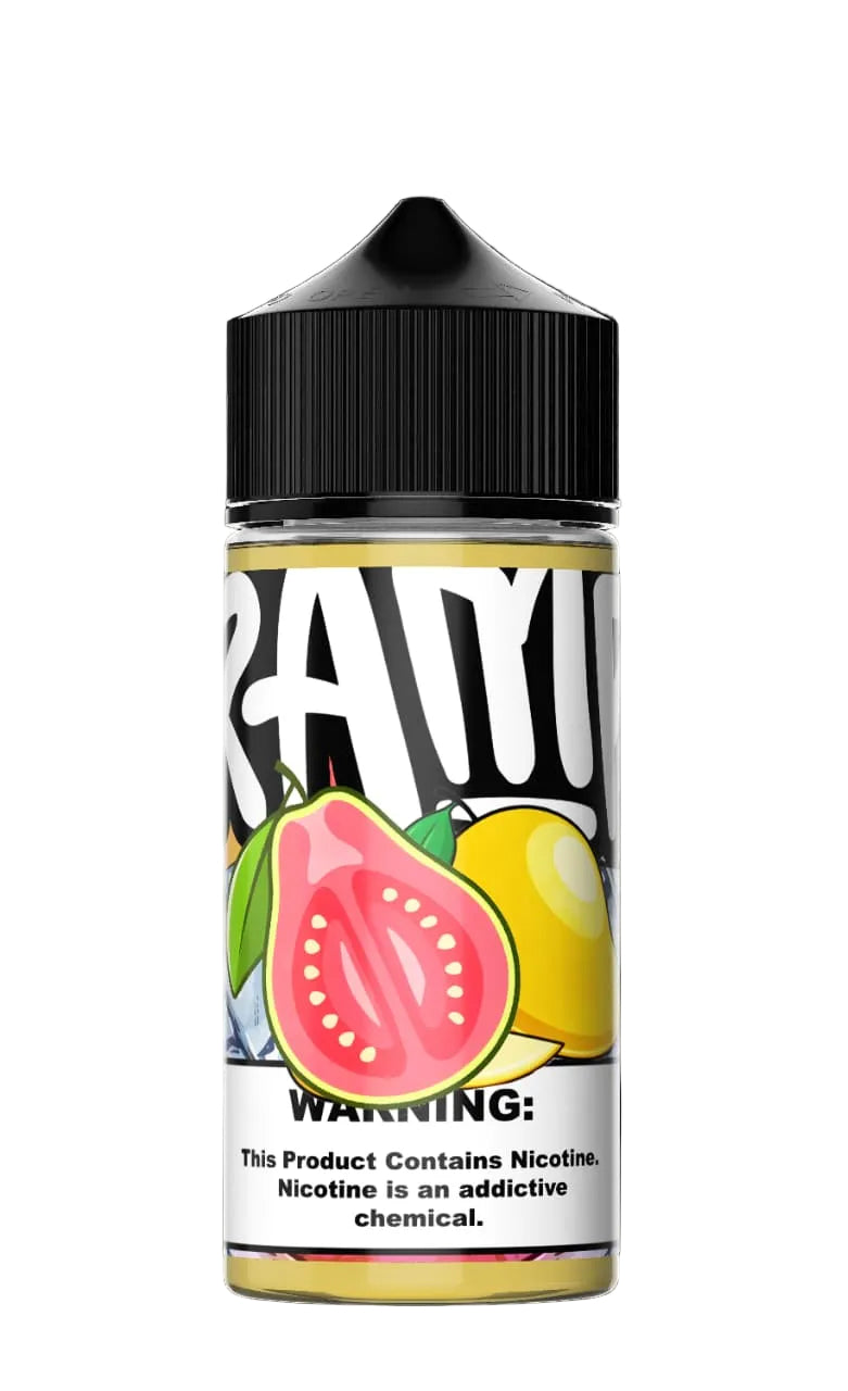 Vape juice bottle with colorful label featuring fruit images on a black background