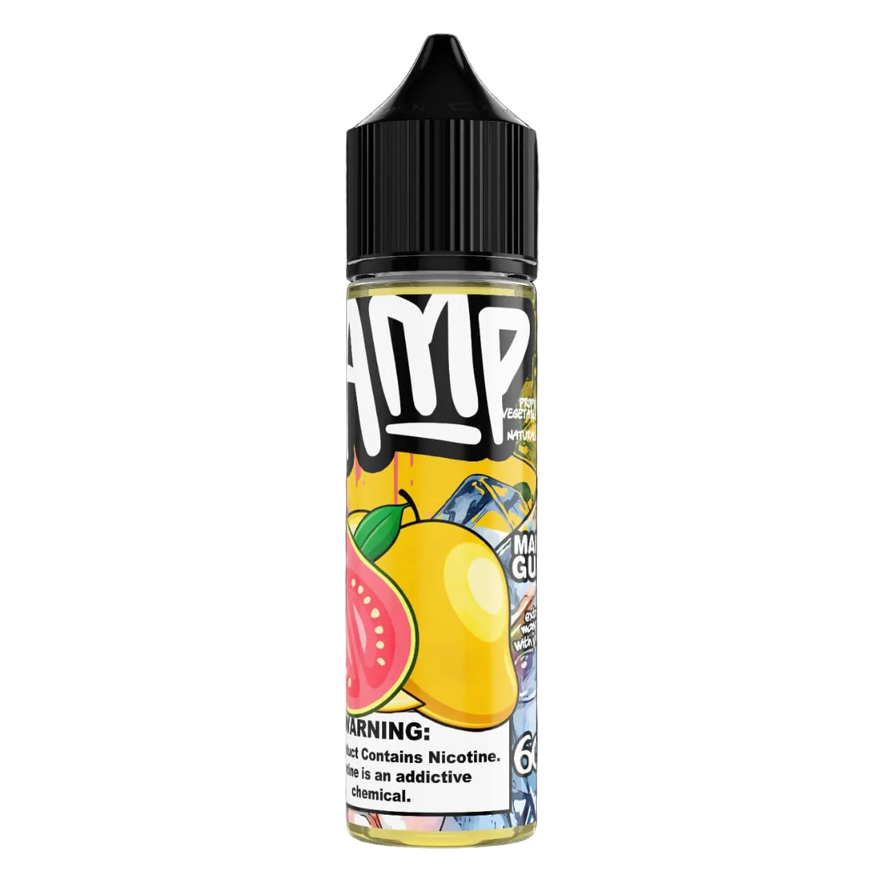 Vape juice bottle with colorful label featuring fruit graphics on a black background