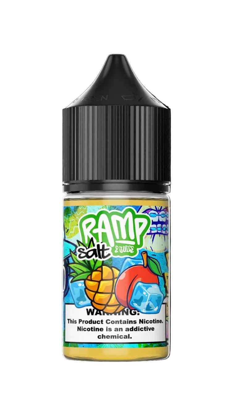 Vape juice bottle with colorful label on a black background