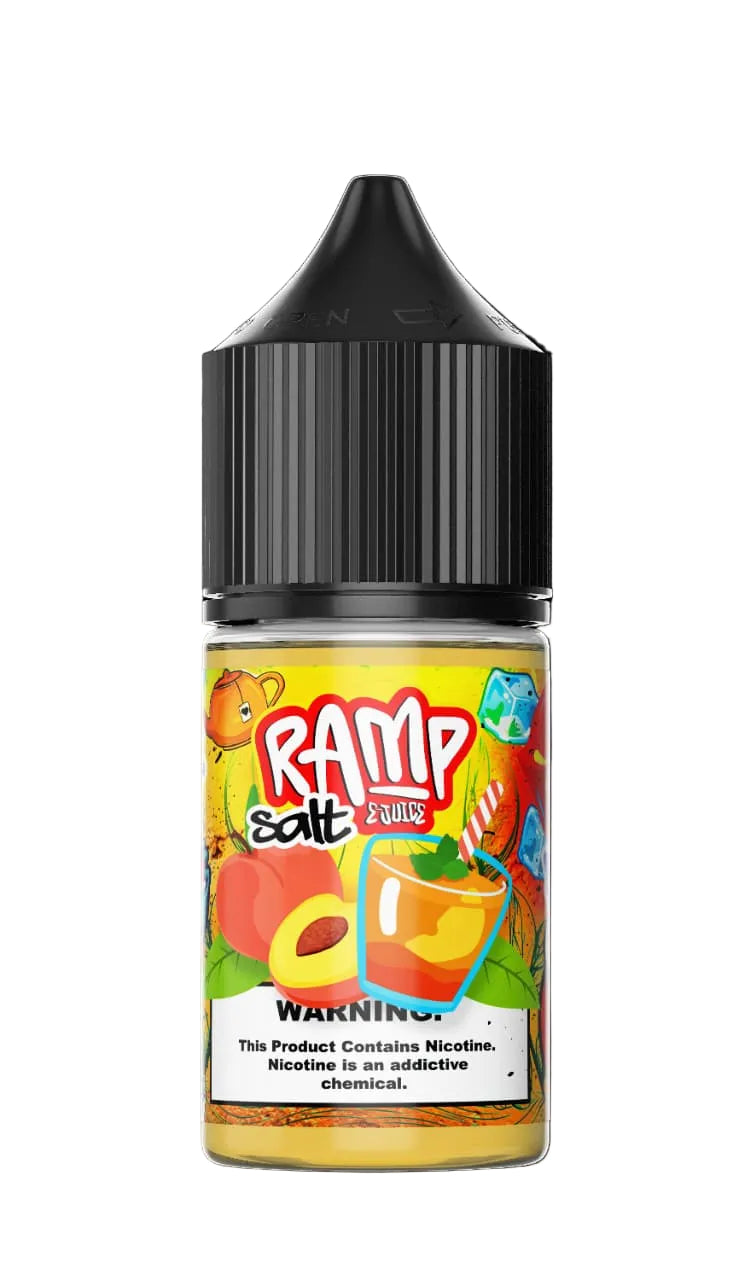 Bottle of Ramp Salt nicotine product with colorful label on a black background