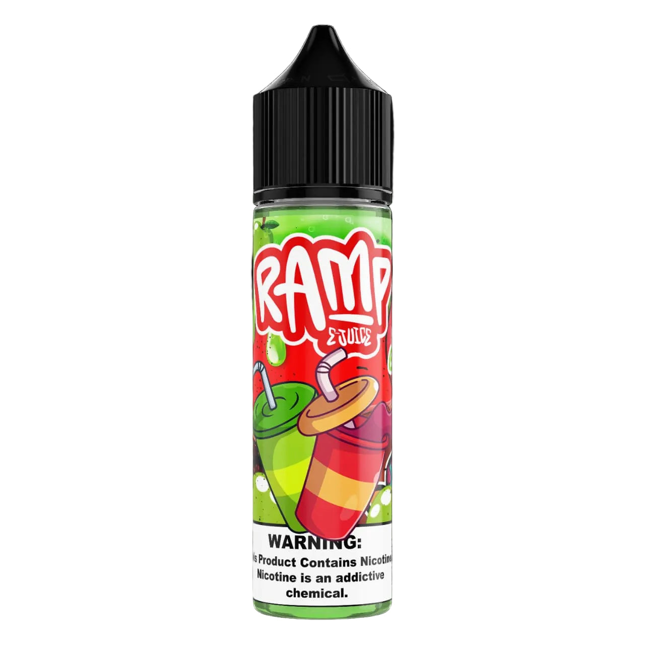 E-liquid bottle with colorful label on a black background 