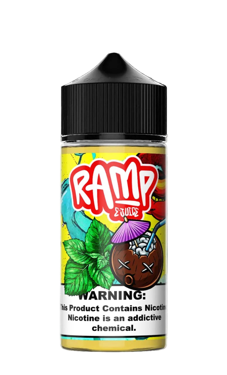 Vape juice bottle with colorful label featuring the brand 'Ramp' on a black background.