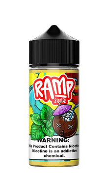 Vape juice bottle with colorful label featuring the brand 'Ramp' on a black background.